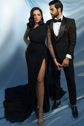 Chic Black Mermaid One-Shoulder Beaded Cap Sleeve Long Satin Evening Dresses With Slit
